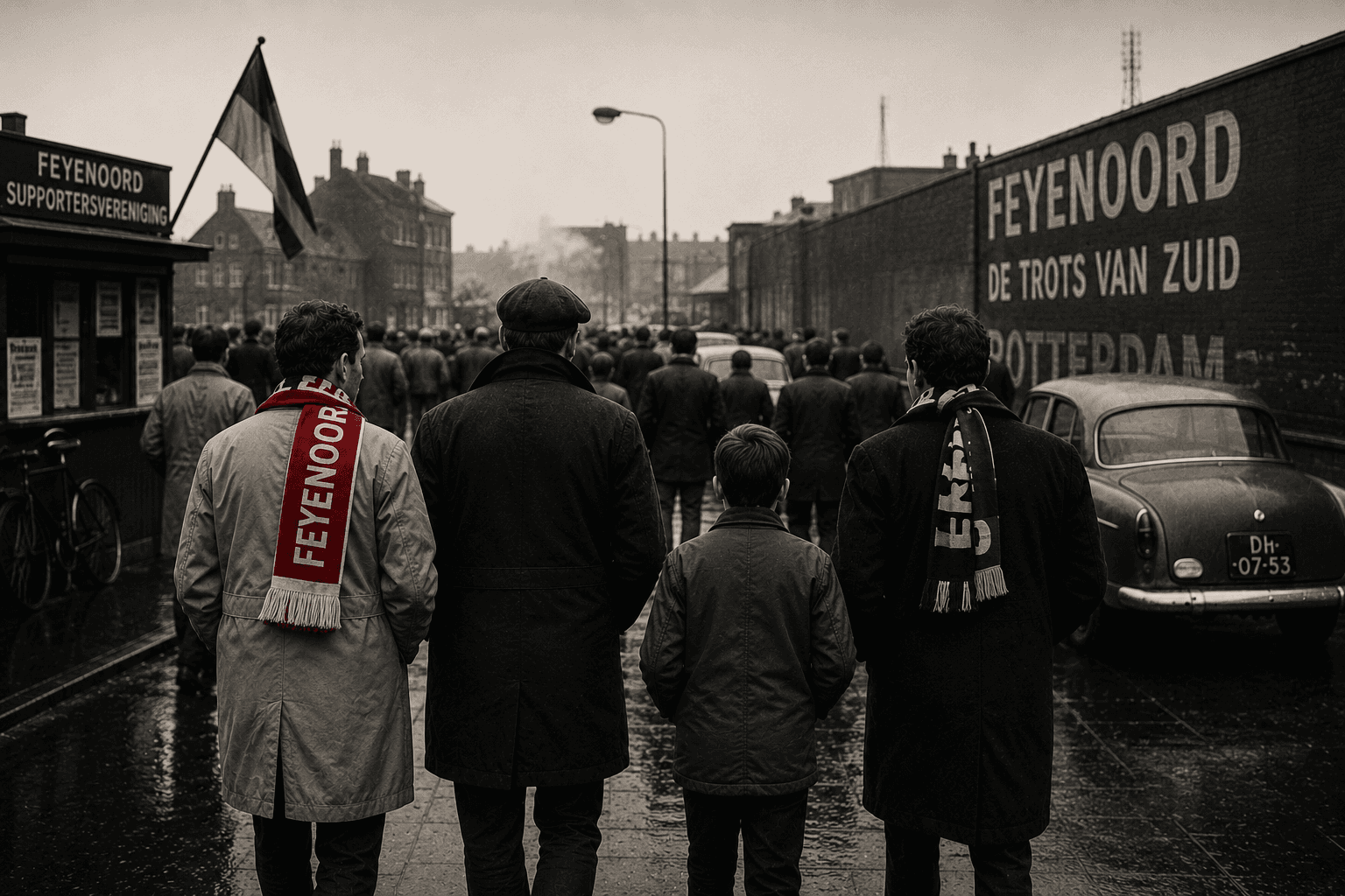 Feyenoordsupporters lopen samen richting het stadion op een regenachtige dag.